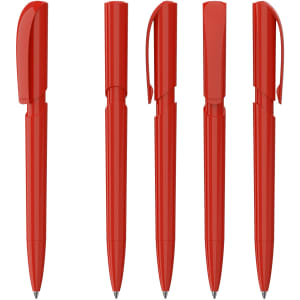 A set of five red plastic pens with sleek designs and clip attachments. Each pen features a glossy finish.