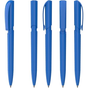 Five plastic pens in various shades of blue, featuring different cap styles and a logo on each pen.