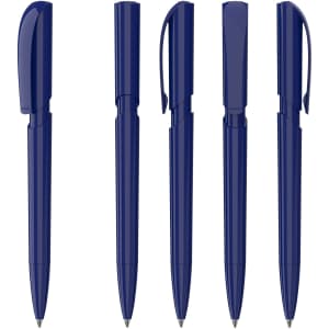 A set of five plastic pens in dark blue, featuring various positions and a logo on each pen.
