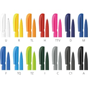 A collection of plastic pens in various colours including white, yellow, orange, pink, blue, green, black, and grey.