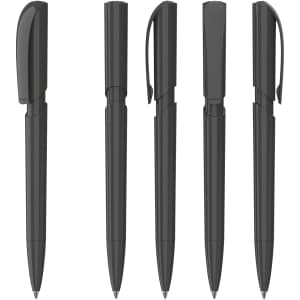 A collection of five sleek black pens with different caps and clip designs. Each pen features a glossy finish and branding.