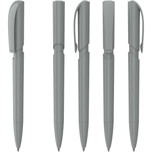 Five plastic pens in varying shades of grey, featuring sleek designs and clips for easy handling. Each pen has a unique top style.