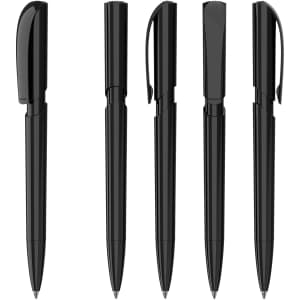 A set of five black plastic pens with a glossy finish displayed in various positions, featuring clips and caps.