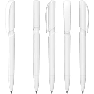 A selection of white plastic pens with various designs and caps, featuring a logo on each pen.