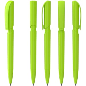 Five bright green plastic pens displayed in various positions, featuring a cap and clip design.