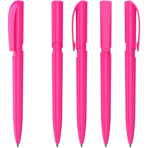 Five pink plastic pens displayed in various positions, each featuring a clip and a glossy finish.