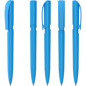 Five blue plastic pens with various cap designs, featuring a logo on each pen.
