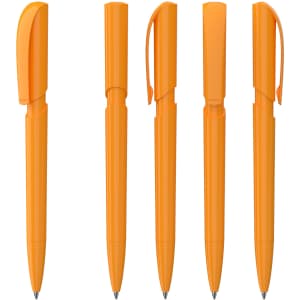 Five push-action plastic pens in a vibrant orange hue, featuring a sleek design and clips for convenience.