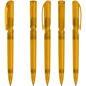 A set of transparent yellow plastic pens with clip caps in various positions. The pens feature a simple design and a branding logo.