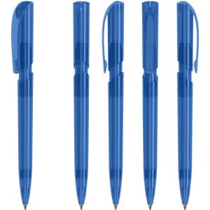 A set of transparent blue plastic pens arranged in different positions, showcasing their design and features.