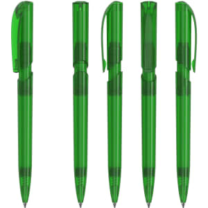 A collection of transparent green plastic pens in various stages of use, featuring a sleek design and clip.