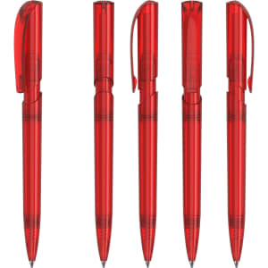Five transparent red plastic pens, showcasing different angles and components, each with a clip and retractable design.