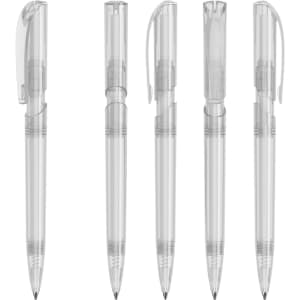 A set of transparent plastic pens in various positions, featuring clear barrels and contrasting clip designs.