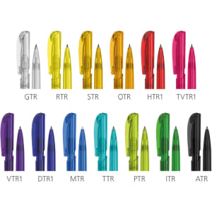 A collection of transparent plastic pens in various colours, including purple, yellow, orange, and clear, featuring different designs.