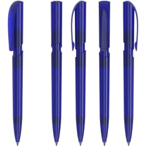 A set of blue plastic pens with transparent barrels and various writing tips displayed side by side.