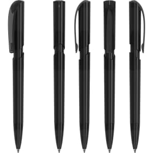 A set of transparent black plastic pens featuring various designs and a clip. Branding visible on some pens.