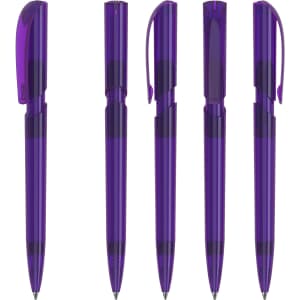 A set of five purple plastic pens featuring a transparent design and a clip. Each pen showcases a different composition.