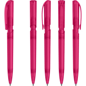 A set of five transparent pink plastic pens with various cap designs and features. Each pen has a branding logo.