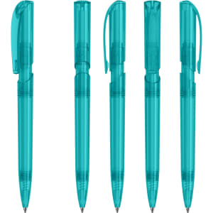A set of five transparent teal plastic pens with click mechanisms and caps. Each pen has a smooth design and a logo.