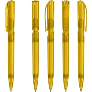 A set of transparent yellow plastic pens with click mechanisms, featuring a clip and a sleek design.