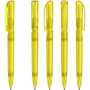 A collection of five transparent yellow plastic pens, each with a click mechanism and a clip for attachment.