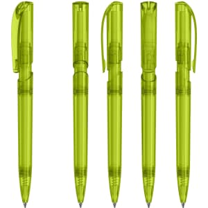 A collection of five transparent green plastic pens with different click mechanisms and caps.