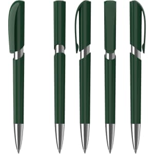 A set of five plastic pens in dark green with silver accents and caps. Each pen features a different design.