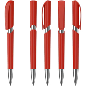 A collection of five red plastic pens with silver accents and clips, featuring different cap designs.