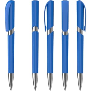 A collection of blue plastic pens with silver accents, showcasing different angles and styles, including caps and clips.