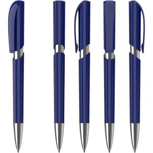 A collection of five high-gloss navy blue plastic pens with silver accents, featuring a logo on some pens.