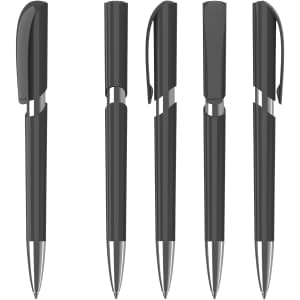 A set of five black plastic pens with shiny silver accents and various cap designs. Each pen features a logo.