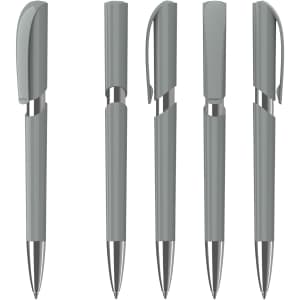 A set of five grey plastic pens, each featuring a glossy finish and silver accents, along with a branded logo.