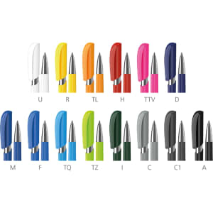 A collection of plastic pens in various colours, including white, yellow, orange, blue, green, black, and navy. Each pen features a shiny finish and a clip.