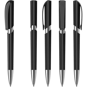 A set of five black plastic pens with chrome accents and clips, arranged in various positions.