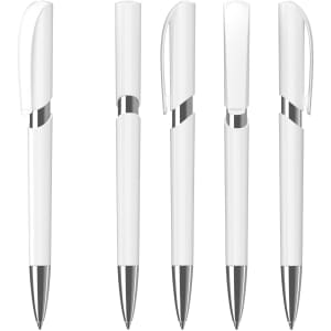 A set of white plastic pens with chrome accents, featuring various styles and designs. Each pen has a cap.