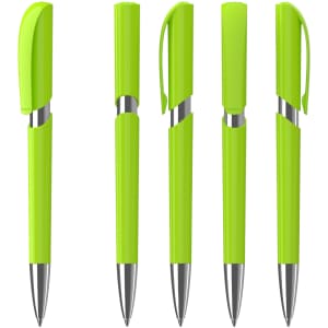 A collection of five green plastic pens with shiny silver accents and varying cap positions, featuring a logo.