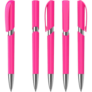 A set of five shiny pink plastic pens with silver accents, featuring different cap styles and designs.
