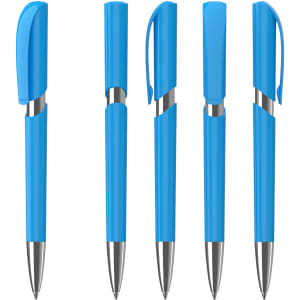A set of five blue plastic pens with a high gloss finish and metallic accents, featuring a logo on each pen.