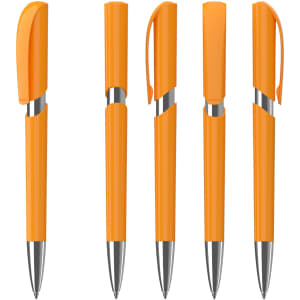 A set of orange plastic pens with glossy finishes and silver accents arranged in different positions. Each has a clip.