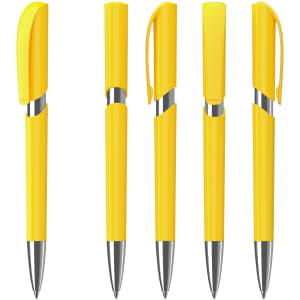 A collection of bright yellow plastic pens with shiny silver accents and clip features. Each pen has a sleek design.