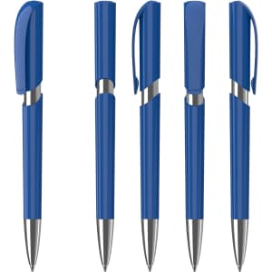 A collection of five blue plastic pens with shiny silver accents and caps. Each pen has a unique design.