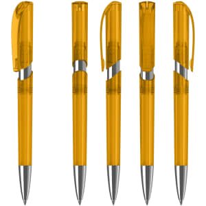 A collection of transparent orange plastic pens with silver accents, featuring different views and a cap design.