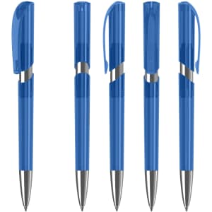 A collection of five blue plastic pens with silver accents and transparent barrels. Each pen features a clip and cap.