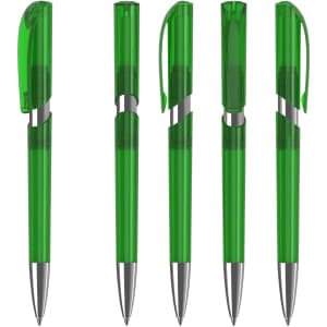 A set of five transparent green plastic pens with silver accents and clip tops. Each pen has a different position.