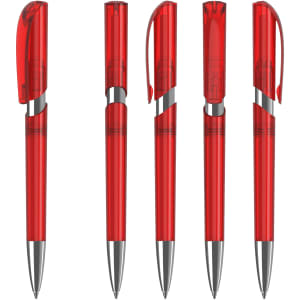 A set of five transparent red plastic pens featuring silver accents and clips. Each pen has a different position and cap style.