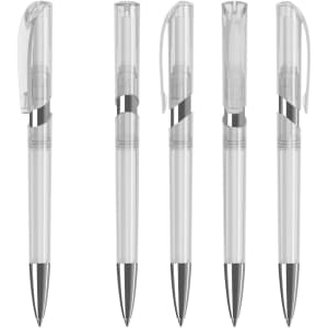A clear plastic pen with silver accents, featuring a transparent barrel and a retractable mechanism.