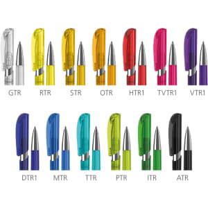 A collection of plastic pens in various colours, including purple, orange, green, blue, pink, and black, with metal tips.