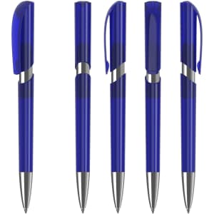 A set of blue plastic pens with silver accents and removable caps, featuring a sleek, modern design.