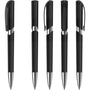 A set of five black plastic pens with silver accents and a clip, featuring a sleek, transparent design.