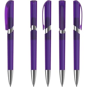 A collection of five plastic pens featuring a transparent purple design with silver accents and clips.